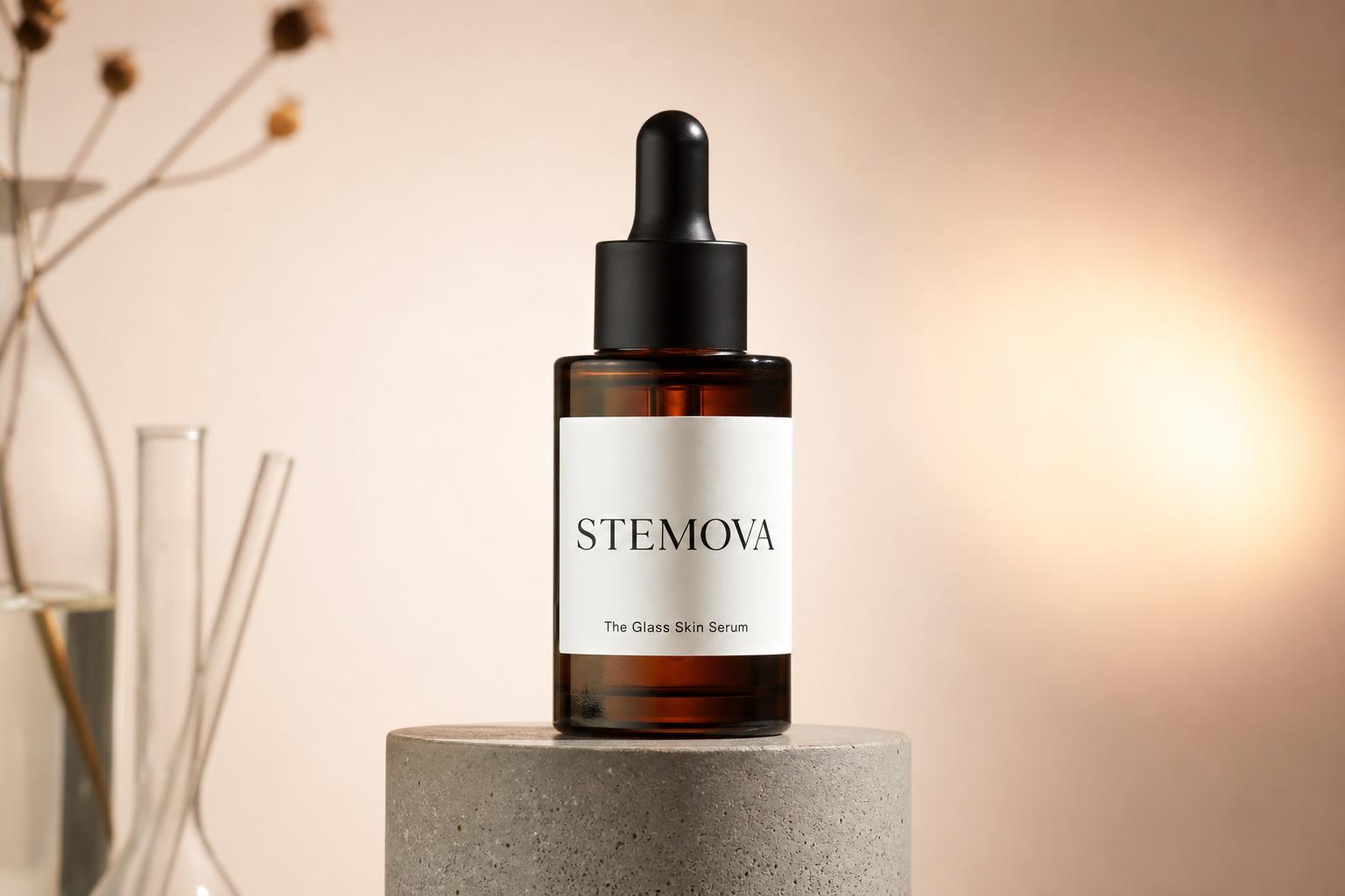 STEMOVA amber glass serum bottle on a concrete pedestal — science-led skincare